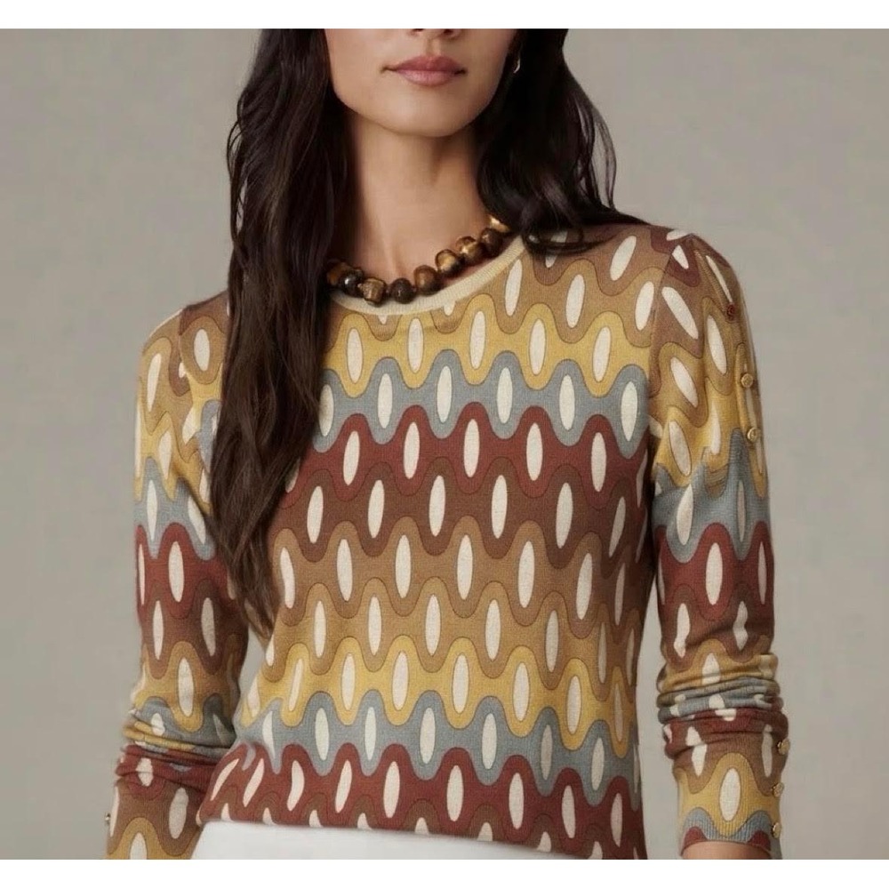 J.McLaughlin Womens Retro Geometric Print Button Sleeve Cotton Knit Top Small